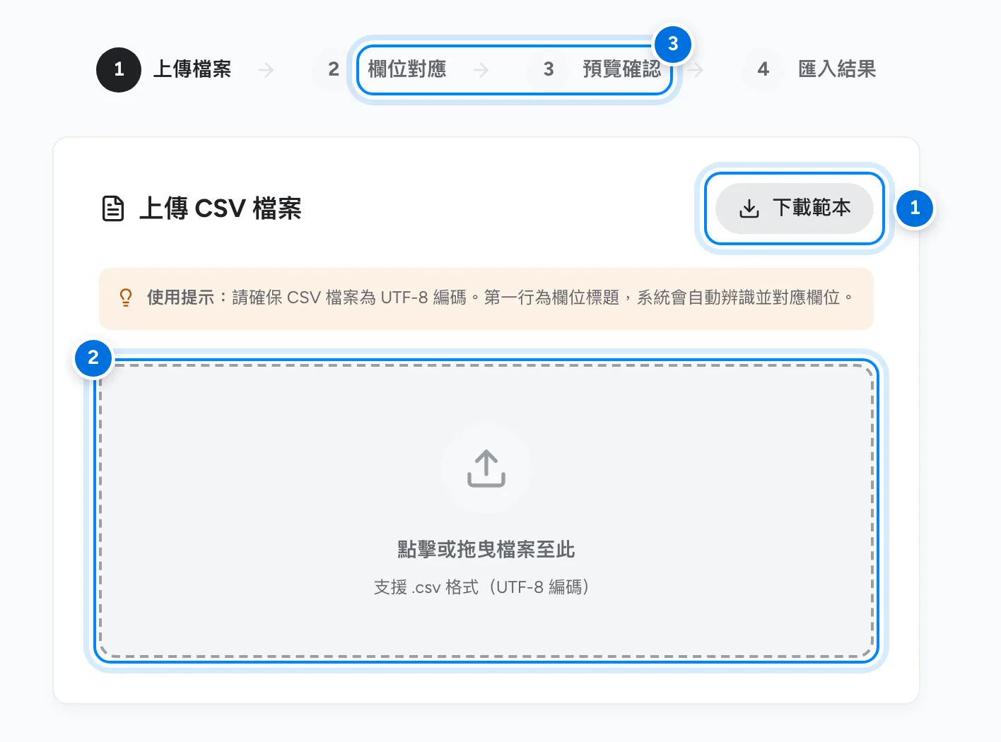 匯入選民資料,標示下載範本、上傳區與後續步驟